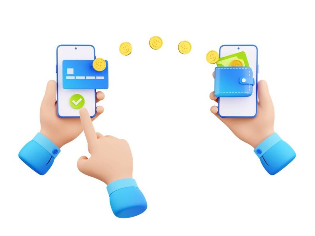Two hands hold smartphones displaying a transaction, where coins are being transferred into a digital wallet on one device.