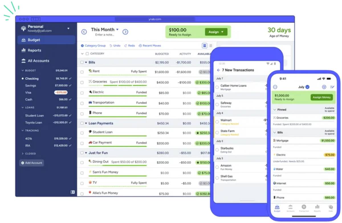 A budgeting app interface displays financial categories, transaction details, and account balances, including a mobile view of new transactions.