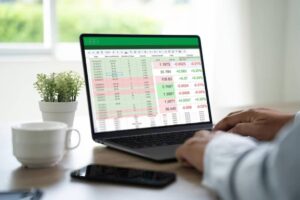 A person analyzes a financial spreadsheet on a laptop, with a potted plant and coffee cup nearby, in a well-lit room.