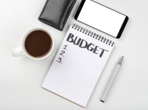 A notepad labeled BUDGET with numbered lists, a coffee cup, a pen, a black wallet, and a blank smartphone on a white background.