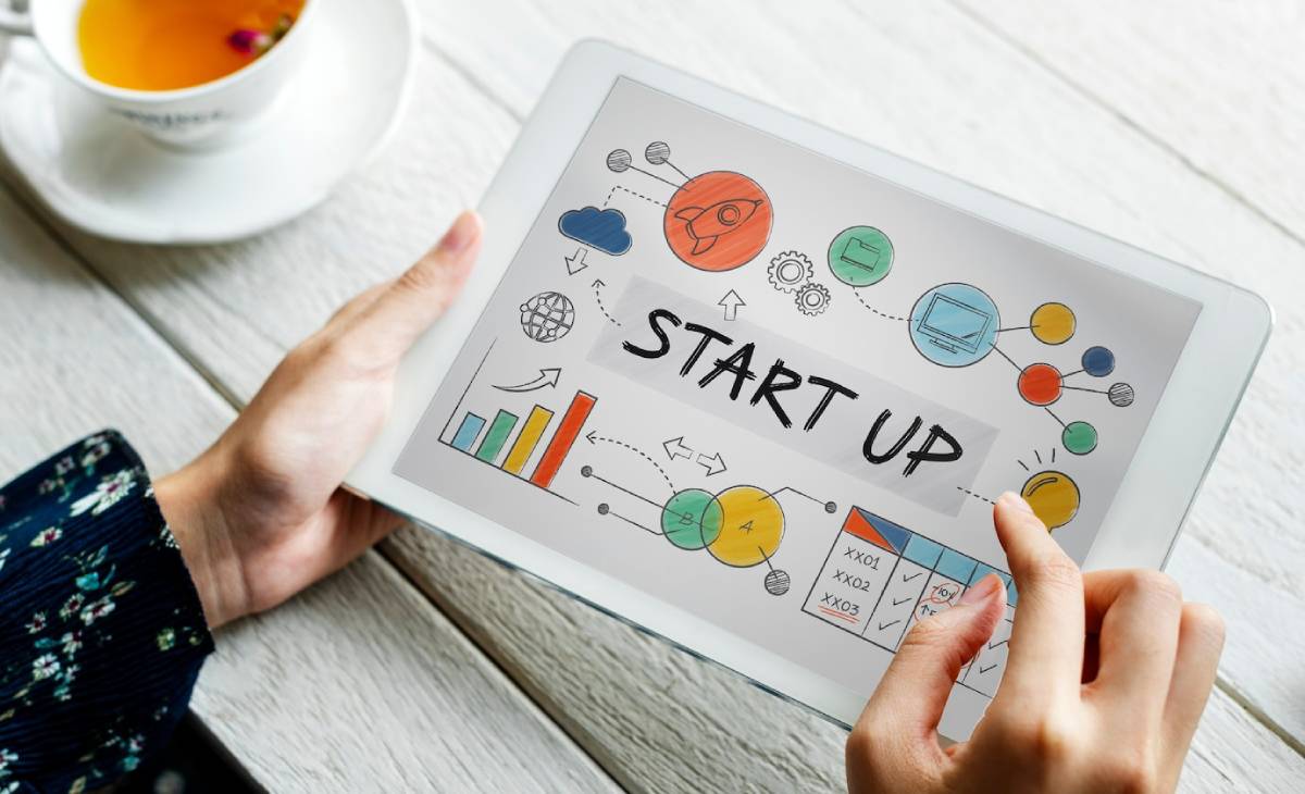 A hand holding a tablet displaying colorful startup sketches, graphs, and iconography on a wooden table next to a cup of tea. 